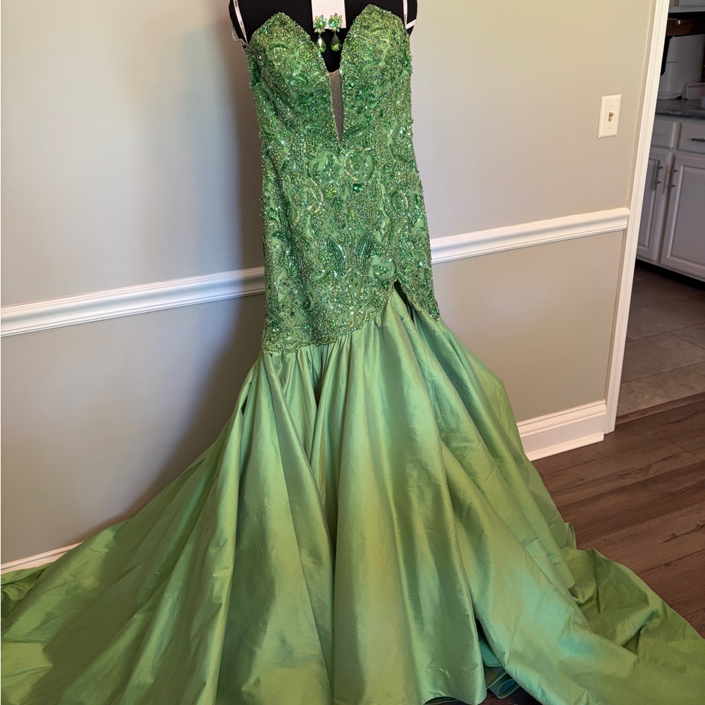 Green Beaded Mermaid Prom Gown